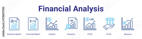Financial Analysis web icon vector illustration concept with icon of Business Report,Financial Report,Analytic,Valuation,Profit,Profit,Revenue,in modern flat vector style.