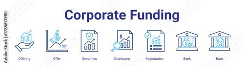 Corporate Funding web icon vector illustration concept with icon of Offering,Offer,Securities,Disclosure,Registration,Bank,Bank,in modern flat vector style.