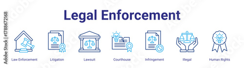 Legal Enforcement web icon vector illustration concept with icon of Law Enforcement,Litigation,Lawsuit,Courthouse,Infringement,Illegal,Human Rights,in modern flat vector style.