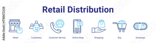 Retail Distribution web icon vector illustration concept with icon of Retail,Customers,Customer Service,Online Shop,Shopping,Buy,Exchange,in modern flat vector style.