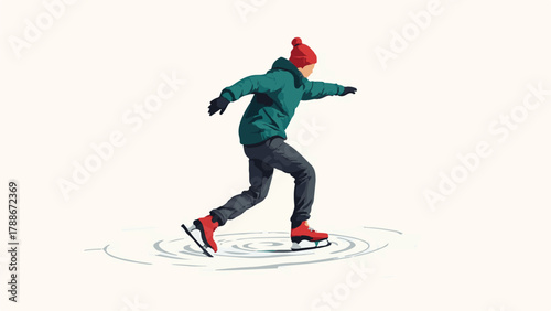 Winter ice skating illustration of people enjoying outdoor activity in snow landscape