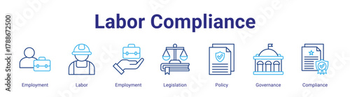 Labor Compliance web icon vector illustration concept with icon of Employment,Labor,Employment,Legislation,Policy,Governance,Compliance,in modern flat vector style.