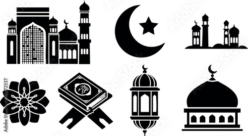 Islamic symbols vector set with mosque lantern crescent star and holy book design elements for religious culture and spirituality
