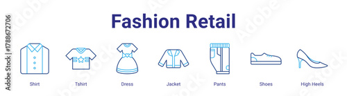 Fashion Retail web icon vector illustration concept with icon of Shirt,Tshirt,Dress,Jacket,Pants,Shoes,High Heels,in modern flat vector style.