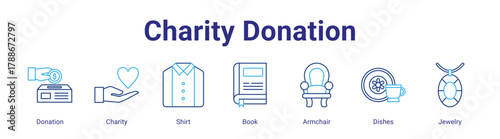 Charity Donation web icon vector illustration concept with icon of Donation,Charity,Shirt,Book,Armchair,Dishes,Jewelry,in modern flat vector style.