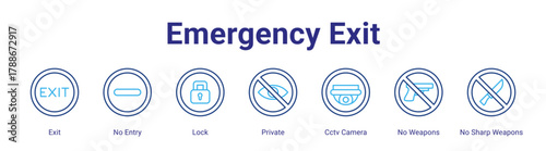 Emergency Exit web icon vector illustration concept with icon of Exit,No Entry,Lock,Private,Cctv Camera,No Weapons,No Sharp Weapons,in modern flat vector style.