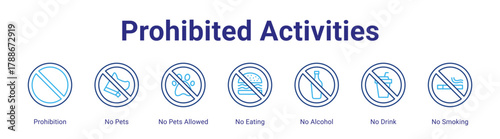 Prohibited Activities web icon vector illustration concept with icon of Prohibition,No Pets,No Pets Allowed,No Eating,No Alcohol,No Drink,No Smoking,in modern flat vector style.
