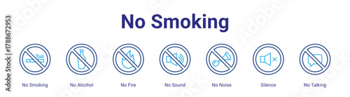 No Smoking web icon vector illustration concept with icon of No Smoking,No Alcohol,No Fire,No Sound,No Noise,Silence,No Talking,in modern flat vector style.