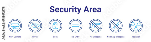 Security Area web icon vector illustration concept with icon of Cctv Camera,Private,Lock,No Entry,No Weapons,No Sharp Weapons,Radiation,in modern flat vector style.