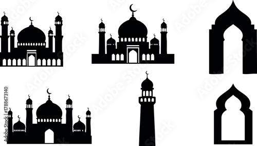 Islamic mosque architecture silhouette vector set with minarets and arch doorways design elements