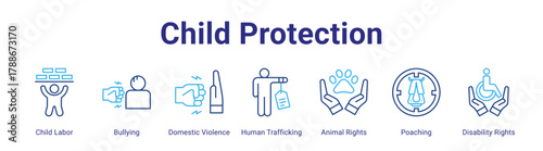 Child Protection web icon vector illustration concept with icon of Child Labor,Bullying,Domestic Violence,Human Trafficking,Animal Rights,Poaching,Disability Rights,in modern flat vector style.