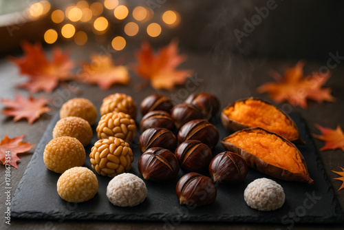Close-up of Castanyada celebration sweets with roasted chestnuts, sweet potatoes, and panellets on a slate board, surrounded by autumn leaves.

