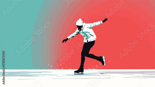 Winter ice skating illustration of people enjoying outdoor activity in snow landscape