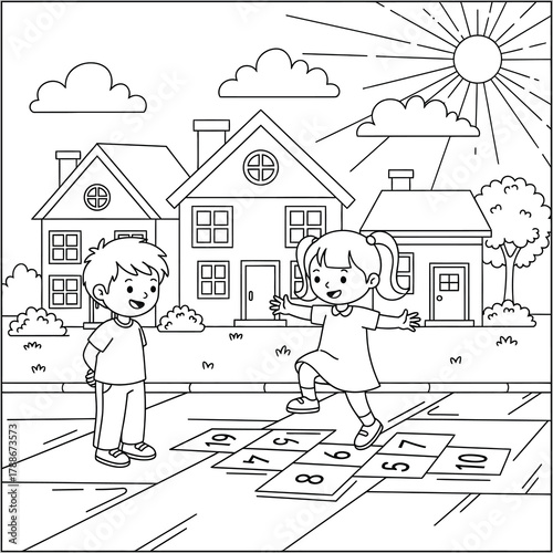 Children Playing Outside in Neighborhood Coloring Sheet
