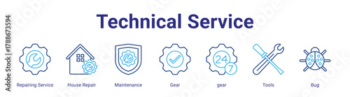 Technical Service web icon vector illustration concept with icon of Repairing Service,House Repair,Maintenance,Gear,gear,Tools,Bug,in modern flat vector style.
