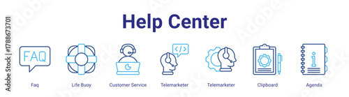 Help Center web icon vector illustration concept with icon of Faq,Life Buoy,Customer Service,Telemarketer,Telemarketer,Clipboard,Agenda,in modern flat vector style.