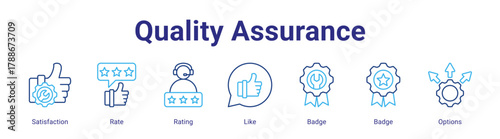 Quality Assurance web icon vector illustration concept with icon of Satisfaction,Rate,Rating,Like,Badge,Badge,Options,in modern flat vector style.