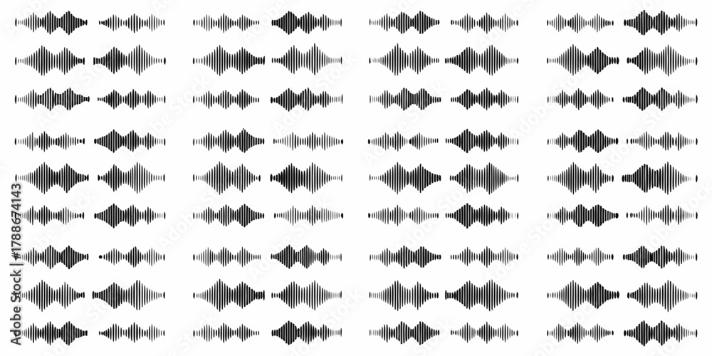 Fototapeta premium Collection of black and white sound wave patterns and audio visualizations