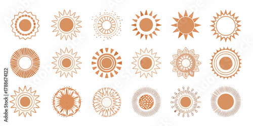 Collection of diverse sun icons in warm terracotta orange tones representing solar energy and celestial bodies