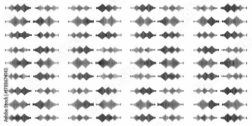 Collection of black and white sound wave patterns and audio visualizations