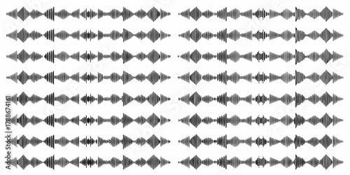 Abstract pattern of black sound wave visualizations arranged in rows and columns on a white background