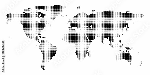 Abstract dotted world map illustration with black dots on white background