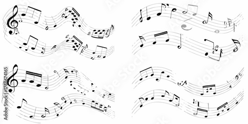 Abstract musical notes and staves flowing in a dynamic wave pattern on a white background