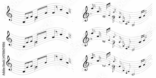 Abstract musical notation on wavy staff lines with treble clefs and various notes