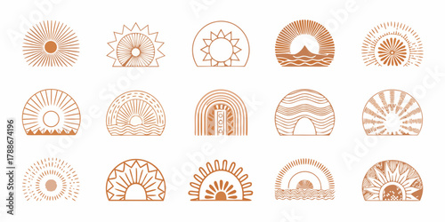 Quadro su tela Collection of boho sunburst and rainbow elements in earthy tones