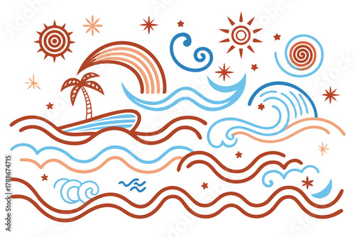 Tropical Island Scene with Palm Tree, Rainbow, and Waves in Earthy Tones vector illustration