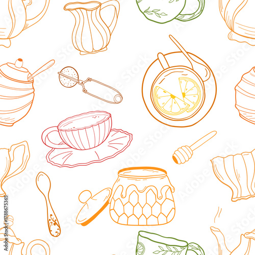 Seamless vector pattern featuring a nostalgic tea time vibe: honey jars, tea infusers, milk jugs, sugar cubes. All elements are outlined in warm tones. Great for fabric design, tea packaging.