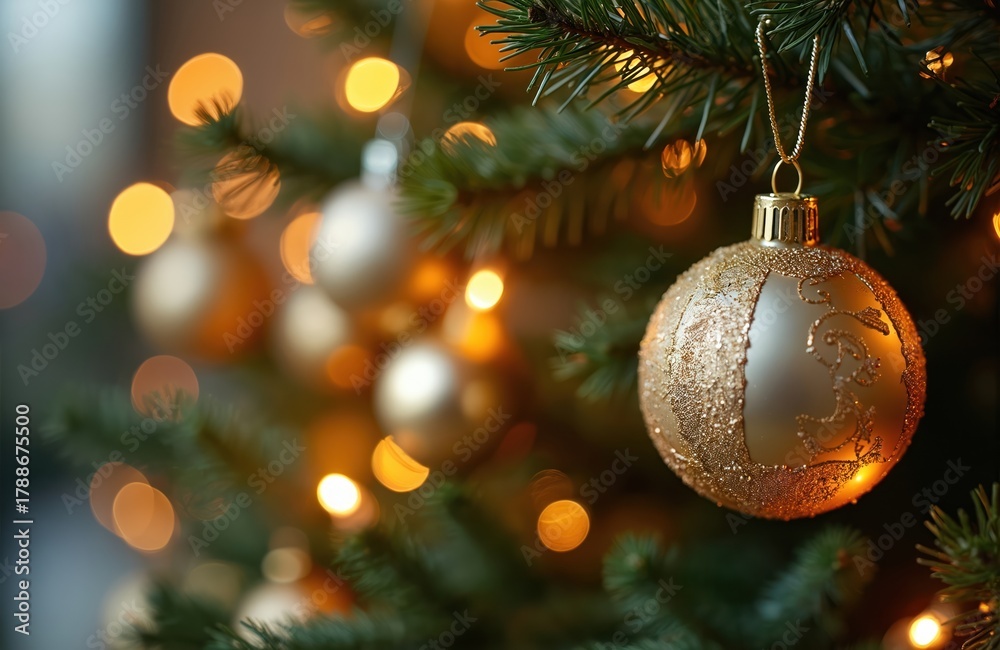 Naklejka premium Golden bauble hangs on green christmas tree branch with blurry warm lights. Ornate festive ornament sparkles. Winter holiday home decor. Season celebration. Merry christmas eve.