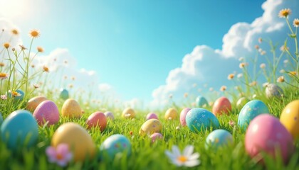 Colorful Easter eggs hidden in green grass under bright blue sky with fluffy white clouds. Small flowers dot landscape, suggesting spring celebration, outdoor activity. Scene conveys joy, tradition.