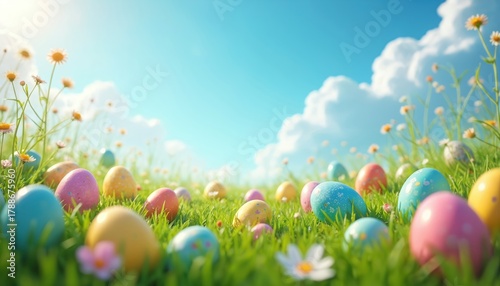 Colorful Easter eggs hidden in green grass under bright blue sky with fluffy white clouds. Small flowers dot landscape, suggesting spring celebration, outdoor activity. Scene conveys joy, tradition.