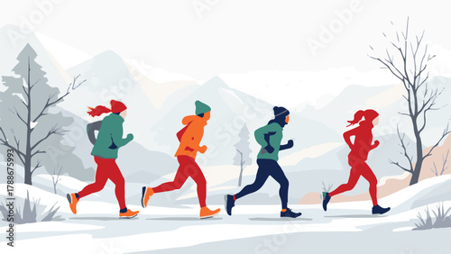 People jogging in winter landscape illustration with snow and mountains
