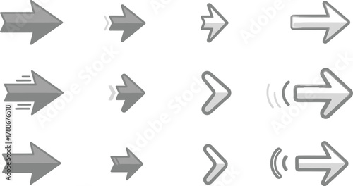Set of various gray arrows with different styles and effects