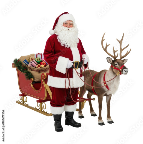 Santa claus with reindeer and sleigh christmas scene winter wonderland isolated on transparent background