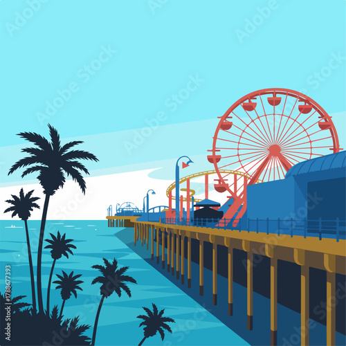 Santa Monica Pier perspective over the Pacific with Ferris wheel, palms and boardwalk; modern vector coastal travel poster in blue tones