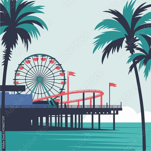 Minimal Santa Monica Pier scene with Ferris wheel, palm silhouettes and calm turquoise water; modern coastal travel artwork in cool pastel tones