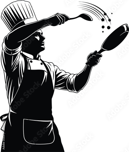 Silhouette of a chef cooking in a pan