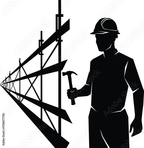 Construction worker with hammer and scaffolding