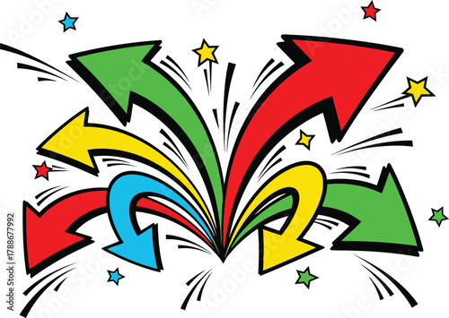 Explosion of colorful arrows pointing in different directions