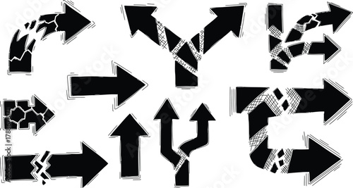 Set of black arrows showing broken and branching direction