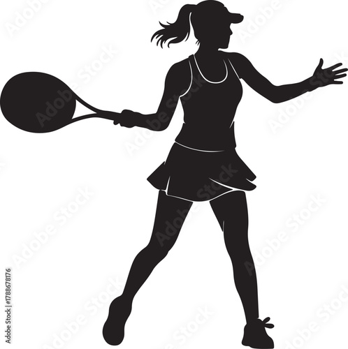 Silhouette of a female tennis player holding a racket and ready to play