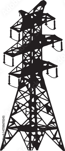 Silhouette of a tall electricity pylon or transmission tower power on transparent background