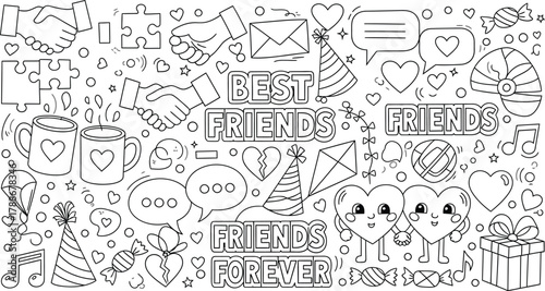 Best friends forever doodle with hearts, gifts, and party elements