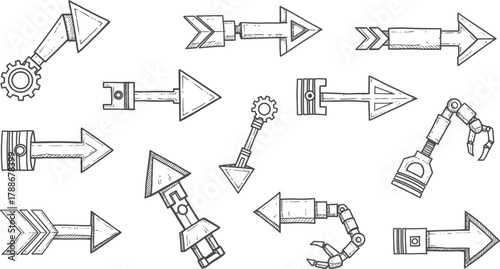 Collection of handdrawn mechanical arrows and pointers