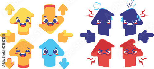 Cartoon arrows with faces showing emotions and pointing fingers