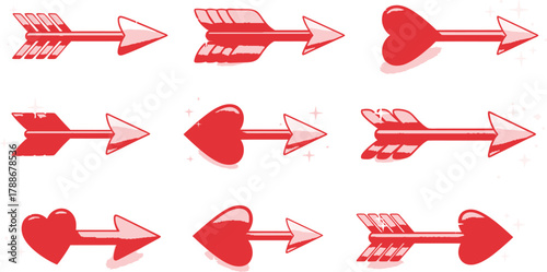 Collection of red arrows with heart shapes and feathered fletching