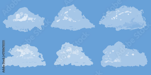 Six stylized light blue clouds scattered across a bright blue sky background